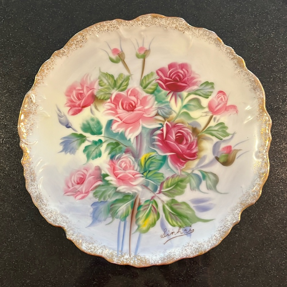 Lovely Signed Antique Plate - Pink Roses with Scalloped Edges & Trimmed in Gold